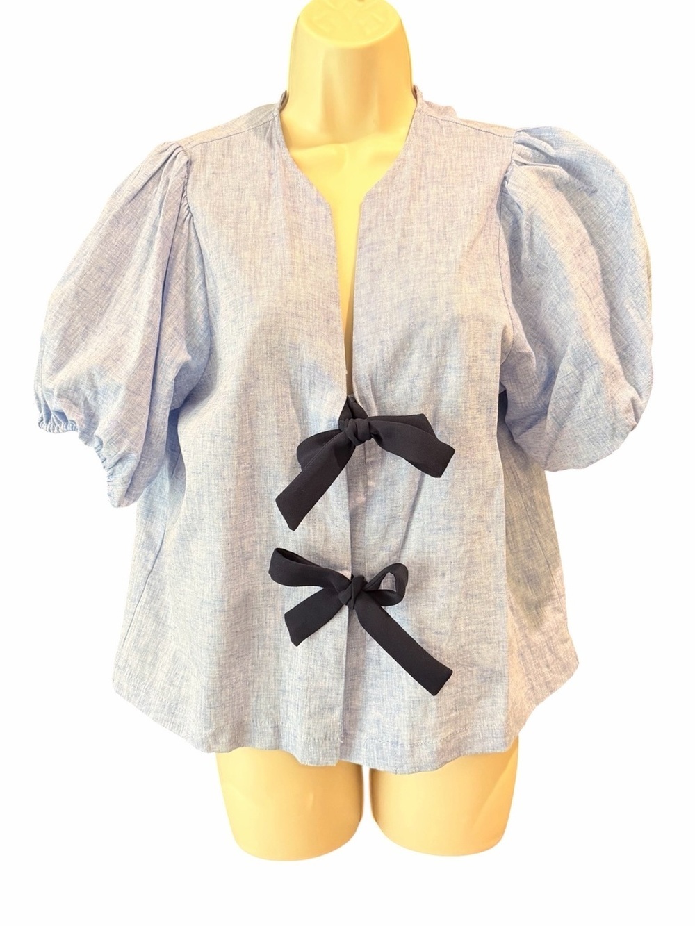 Zara Light Blue Puff Sleeve Blouse with Navy Bow Details Small - Picture 2 of 8